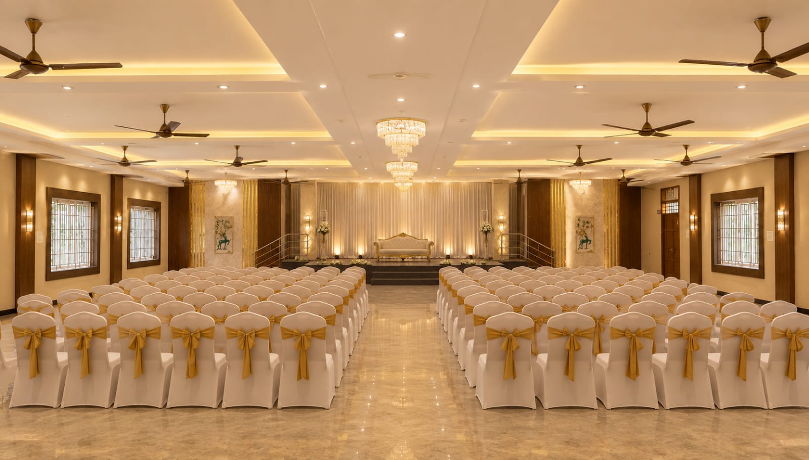 Grand decorated wedding hall interior at Sri Krishna Thirumana Mandapam